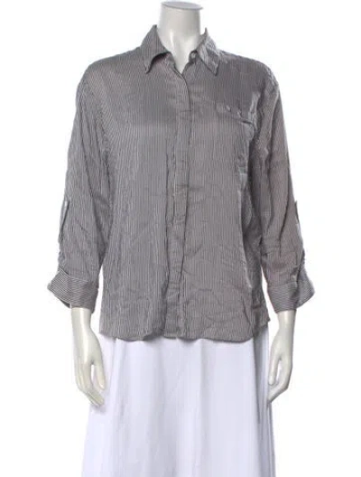 Pre-owned Alice And Olivia Striped Three-quarter Sleeve Button-up Top In Grey
