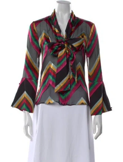Pre-owned Alice And Olivia Striped Tie Neck Blouse In Black