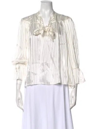 Pre-owned Alice And Olivia Striped Tie Neck Blouse In White