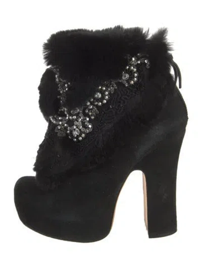 Pre-owned Alice And Olivia Suede Beaded Accents Lace-up Boots In Black