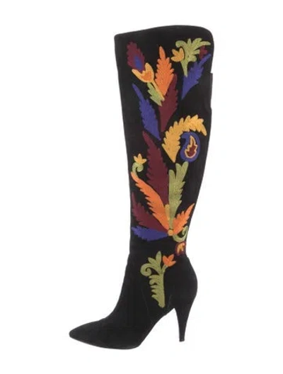 Pre-owned Alice And Olivia Suede Floral Print Boots In Black