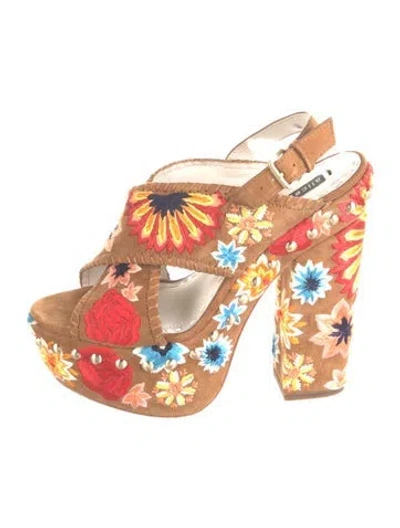 Pre-owned Alice And Olivia Suede Floral Print Sandals In Brown