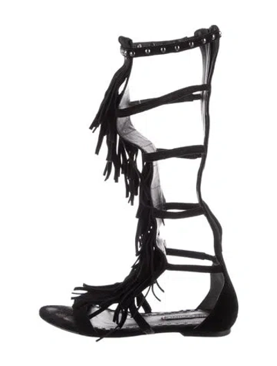 Pre-owned Alice And Olivia Suede Fringe Trim Accent Gladiator Sandals In Black