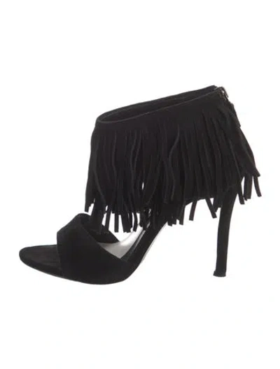 Pre-owned Alice And Olivia Suede Fringe Trim Accent Slingback Sandals In Black