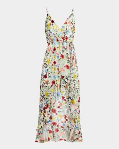 ALICE AND OLIVIA TARA FLORAL CASCADING RUFFLE MIDI DRESS