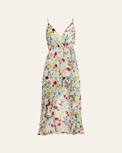 ALICE AND OLIVIA TARA FLORAL CASCADING RUFFLE MIDI DRESS