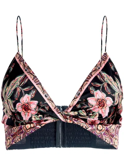 Alice And Olivia Tay Floral-print Cropped Top In Black