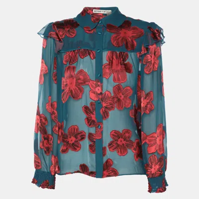 Pre-owned Alice And Olivia Teal/red Chiffon Floral Print Ziggy Ruffle Long Sleeve Blouse S In Blue