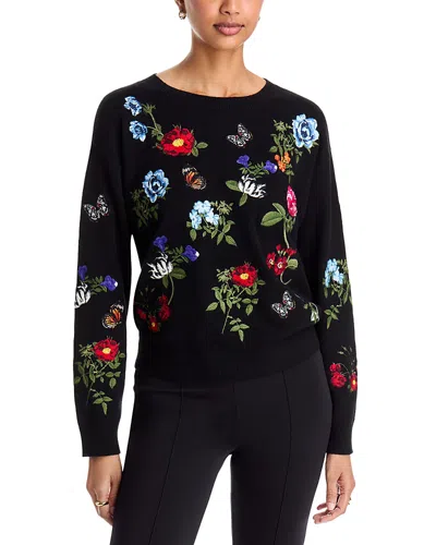 Alice And Olivia Teanna Embroidered Crewneck Sweater In Black Multi