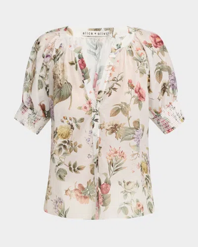 Alice And Olivia Thalia Puff-sleeve Blouse In Sweet Nothings