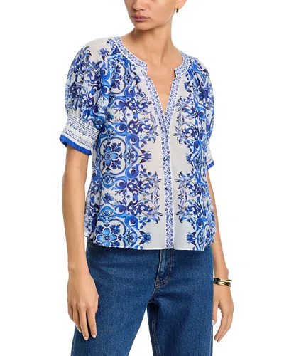 Alice And Olivia Thalia Puff Sleeve Button Front Top In Blue