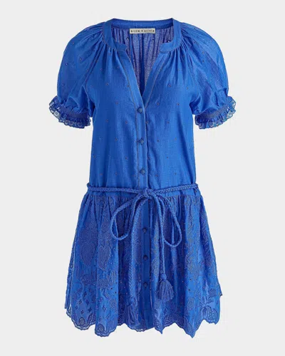 Alice And Olivia Thalia Tie-waist Eyelet Cotton A-line Mini Dress In Blue