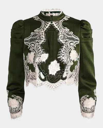 Alice And Olivia Thomasina Lace-trimmed Crop Jacket In Green