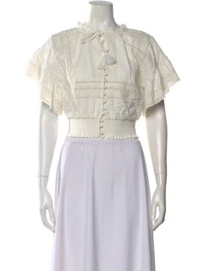 Pre-owned Alice And Olivia Tie Neck Short Sleeve Blouse In White