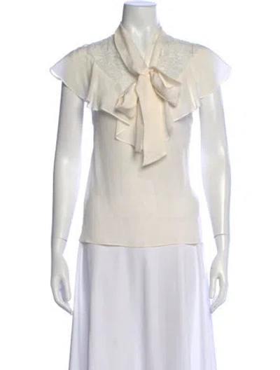 Pre-owned Alice And Olivia Tie Neck Short Sleeve Blouse In White