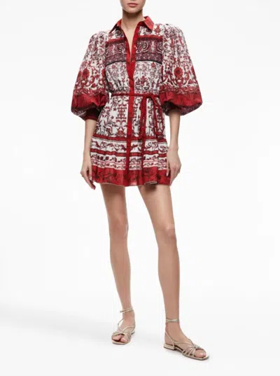 Alice And Olivia Tiffie Blouson Sleeve Mini Dress In Red/off White