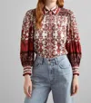 ALICE AND OLIVIA TIFFIE ROSE FATAL ATTRACTION DRAMA SLEEVE BUTTON DOWN BLOUSE IN WHITE/RED
