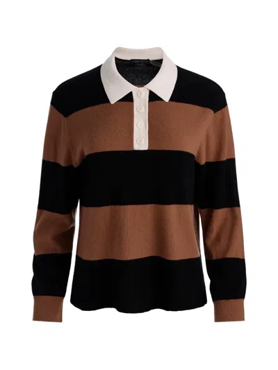 Alice And Olivia Tillie Striped Long-sleeve Polo-collar Sweater In Brown