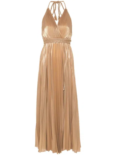 Alice And Olivia Tresa Pleated Metallic Crepe De Chine Halterneck Maxi Dress In Gold