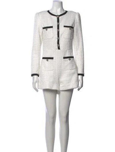 Pre-owned Alice And Olivia Tweed Pattern Crew Neck Jumpsuit In White