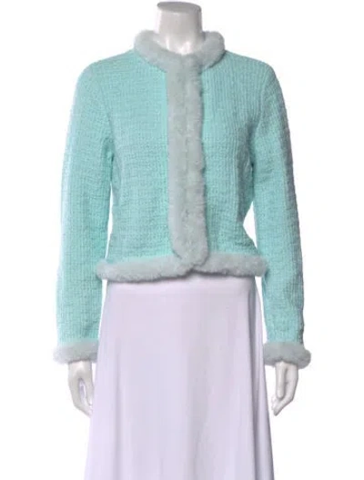 Pre-owned Alice And Olivia Tweed Pattern Open Front Sweater In Blue/green