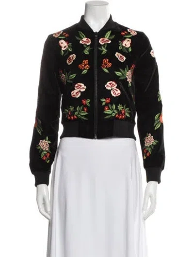 Pre-owned Alice And Olivia Velour Floral Print Bomber Jacket In Black