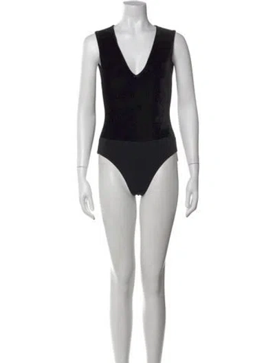 Pre-owned Alice And Olivia Velour V-neck Bodysuit In Black