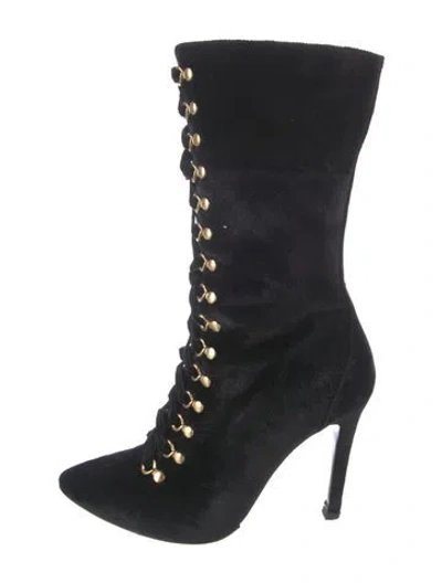 Pre-owned Alice And Olivia Velvet Lace-up Boots In Black