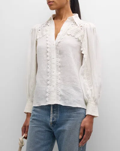 Alice And Olivia Venty Button-front Linen Blouse In Off White
