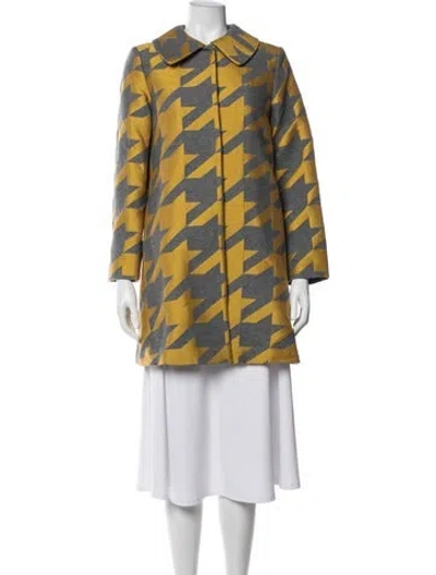Pre-owned Alice And Olivia Virgin Wool Houndstooth Print Coat In Grey/yellow