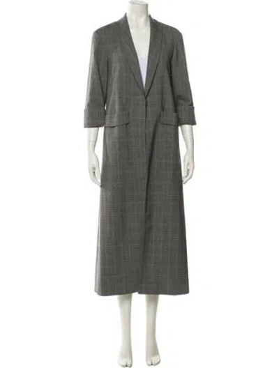 Pre-owned Alice And Olivia Virgin Wool Plaid Print Trench Coat In Gray