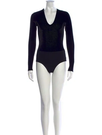 Pre-owned Alice + Olivia V-neck Long Sleeve Bodysuit In Black