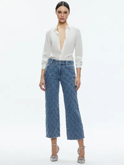 Alice And Olivia Weezy Quilted Embellished Cropped Mid Rise Jean In Light Indigo