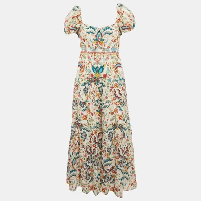 Pre-owned Alice And Olivia White Floral Print Smocked Long Dress M