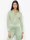 Alice And Olivia Willa 70s Collar Placket Top In Sage