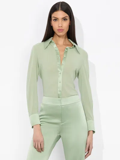 Alice And Olivia Willa 70s Collar Placket Top In Sage