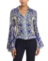 Alice And Olivia Willa Forevermore Fitted Bell-sleeve Placket Top In Blue