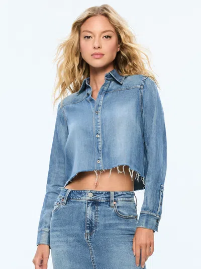 Alice And Olivia Willa Cropped Button Down With Western Detail In Brooklyn Blue
