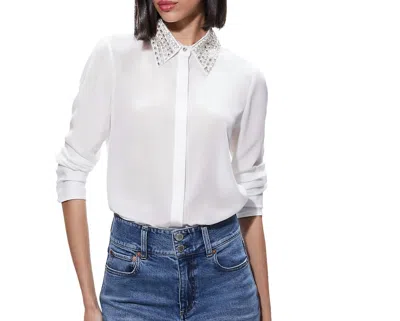 Alice And Olivia Willa Embellished Silk Placket Top In White