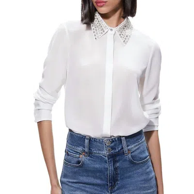Alice And Olivia Willa Embellished Placket Top In White