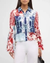 ALICE AND OLIVIA WILLA FITTED PLACKET BELL-SLEEVE TOP