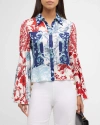 Alice And Olivia Alice + Olivia Willa Mixed Floral Bell Sleeve Satin Top In Je Ladore