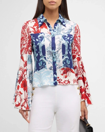 Alice And Olivia Willa Fitted Placket Bell-sleeve Top In Blue