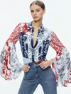 Alice And Olivia Alice + Olivia Willa Mixed Floral Bell Sleeve Satin Top In Je L'adore