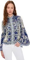 Alice And Olivia Willa Forevermore Fitted Bell-sleeve Placket Top In Blue