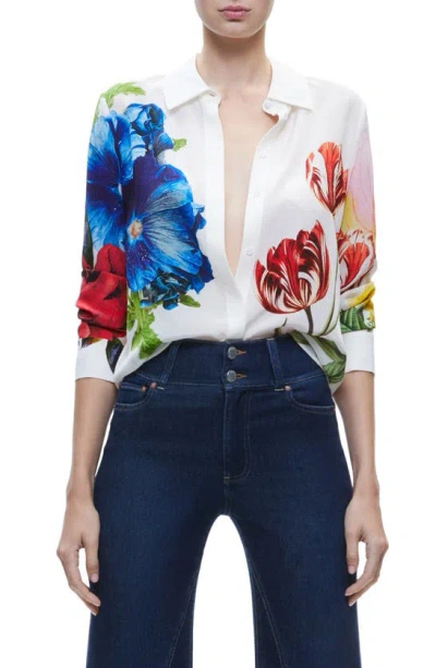 Alice And Olivia Floral Concealed Button Blouse In White