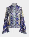 Alice And Olivia Willa Forevermore Fitted Bell-sleeve Placket Top In Blue