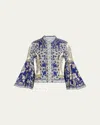 Alice And Olivia Willa Forevermore Fitted Bell-sleeve Placket Top In Multi