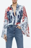 ALICE AND OLIVIA WILLA MIXED FLORAL BELL SLEEVE SATIN TOP
