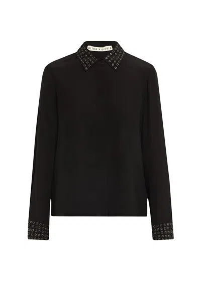 ALICE AND OLIVIA WILLA OVERSIZED BUTTON DOWN SHIRT WITH GROMMET DETAIL, BLACK